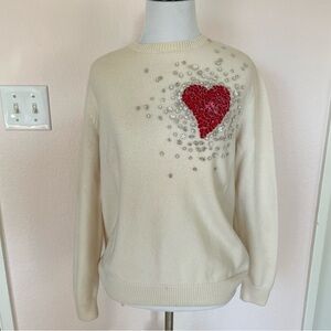 Valentino L’Amour Ivory 100% Cashmere Sweater Red Floral Heart Leather Italy